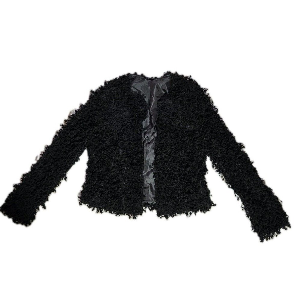 Privy Black Shag Open Front Jacket Women's Small Textured Faux Fur Cropped EUC